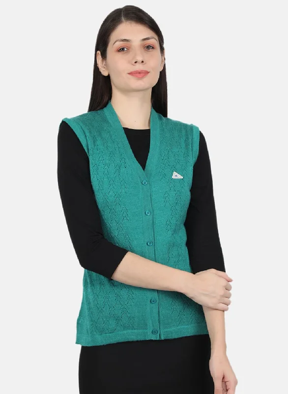 High-Neck SweatersWomen Sea Green Self Design Cardigan