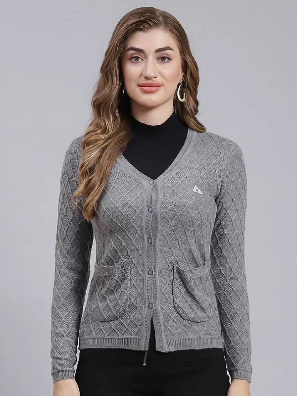 Turtle-Neck Wool SweatersWomen Grey Self Design Wool blend Cardigan