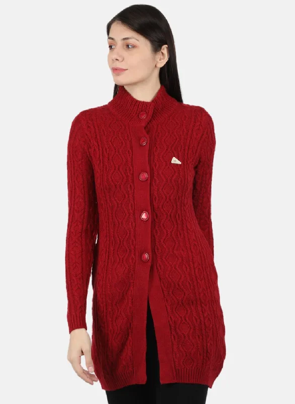 Affordable SweatersWomen Red Self Design Cardigan