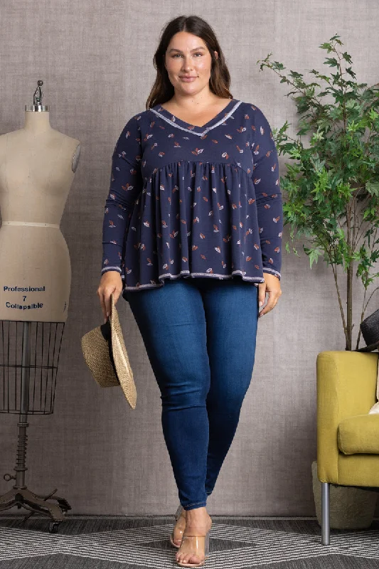 women's tops for those who want to add a bit of flair and personality to their looksNAVY FALL LEAVES PRINT BABY-DOLL STYLE PLUS SIZE TOP-PTJ10117PB