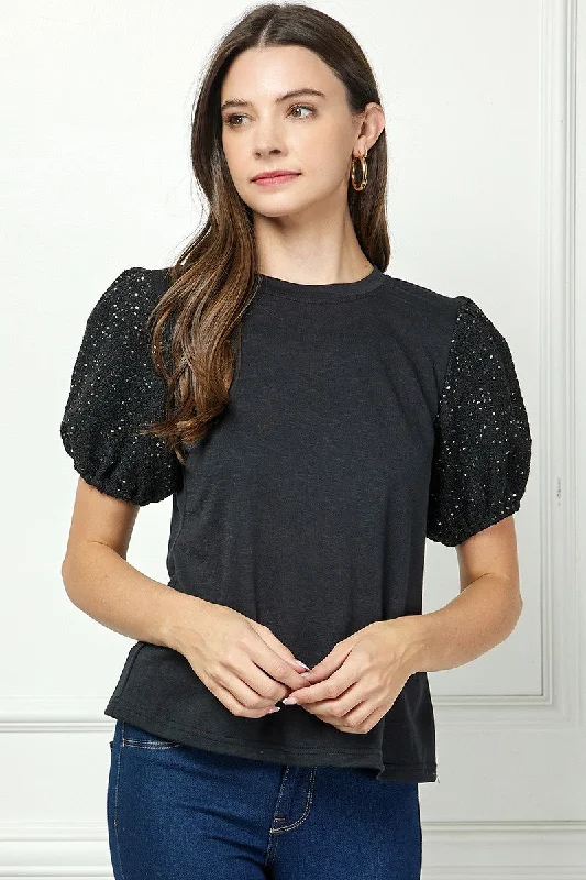 women's tops for those who want to wear pieces that are both functional and fashionableBLACK ROUND NECK SEQUIN PUFF SHORT SLEEVES DETAILED KNIT TOP AVT51169K