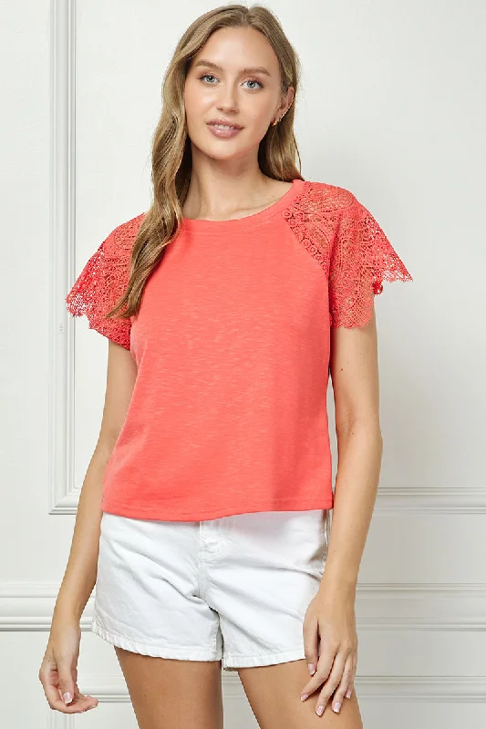 women's tops with cold-shoulder cutsCORAL LACE DETAILED SHORT SLEEVES KNIT TOP AVT51066K