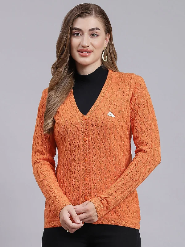 Hooded SweatersWomen Orange Self Design Wool blend Cardigan