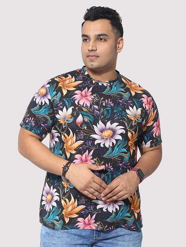 women's tops for black-tie affairsMen Plus Size Blue Floral Digital Printed Round Neck T-Shirt