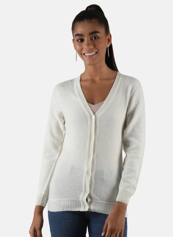 Luxurious SweatersWomen White Solid Cardigan