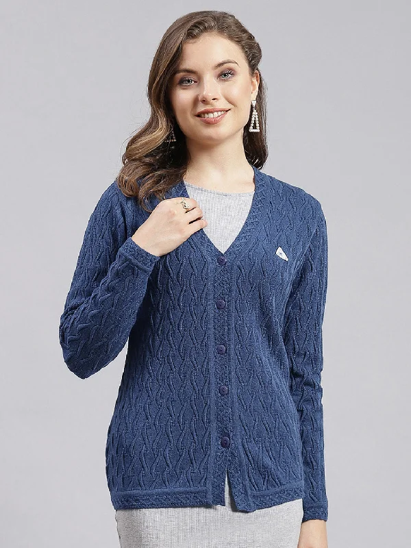 Knitted SweatersWomen Blue Self Design Wool blend Cardigan