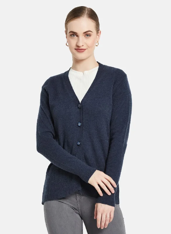 Colorful Comfortable Casual SweatersWomen Navy Blue Self Design Cardigan