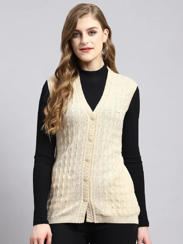 Stylish SweatersWomen Beige Self Cardigan