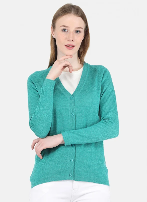 Luxurious Chunky SweatersWomen Aqua Green Solid Cardigan