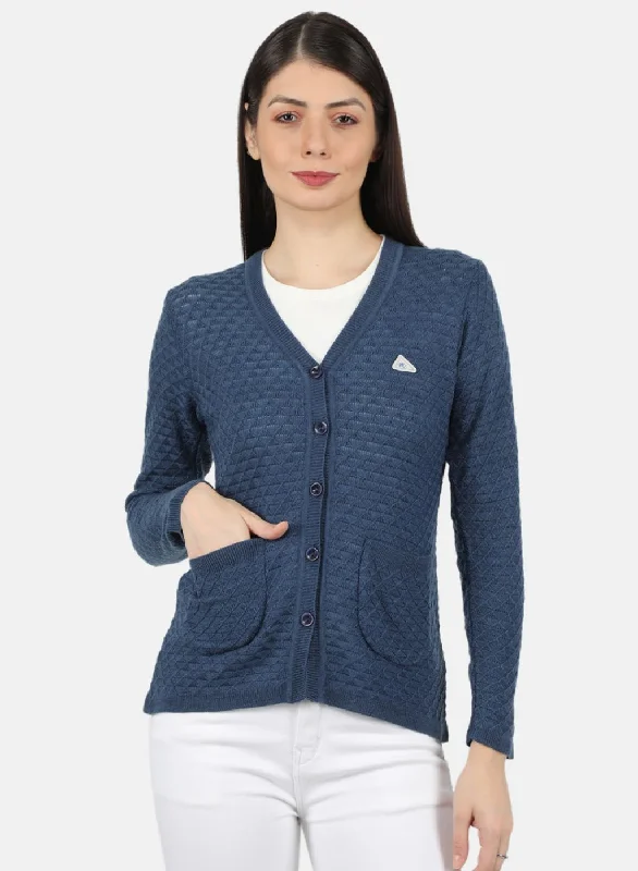 Crewneck SweatersWomen Blue Self Design Cardigan