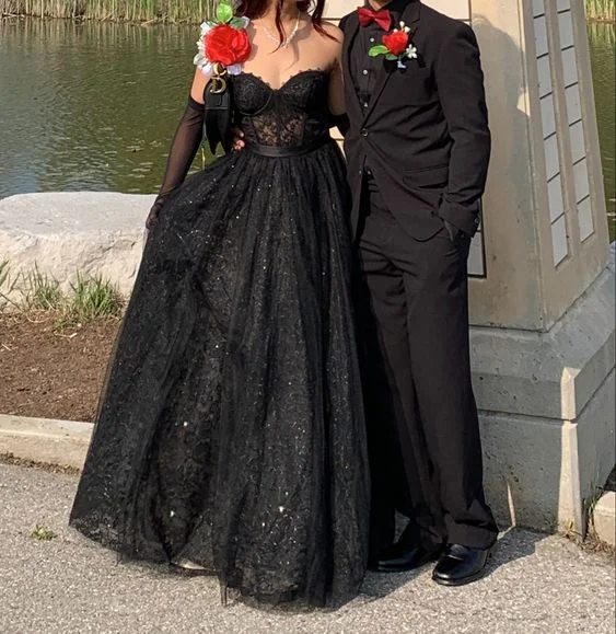 flowy prom dressesCharming Black Corset A-line Prom Dress,Black Formal Dress Y6485