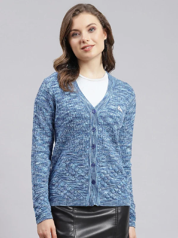 Luxurious Oversized Cardigan SweatersWomen Blue Jaquard Wool blend Cardigan