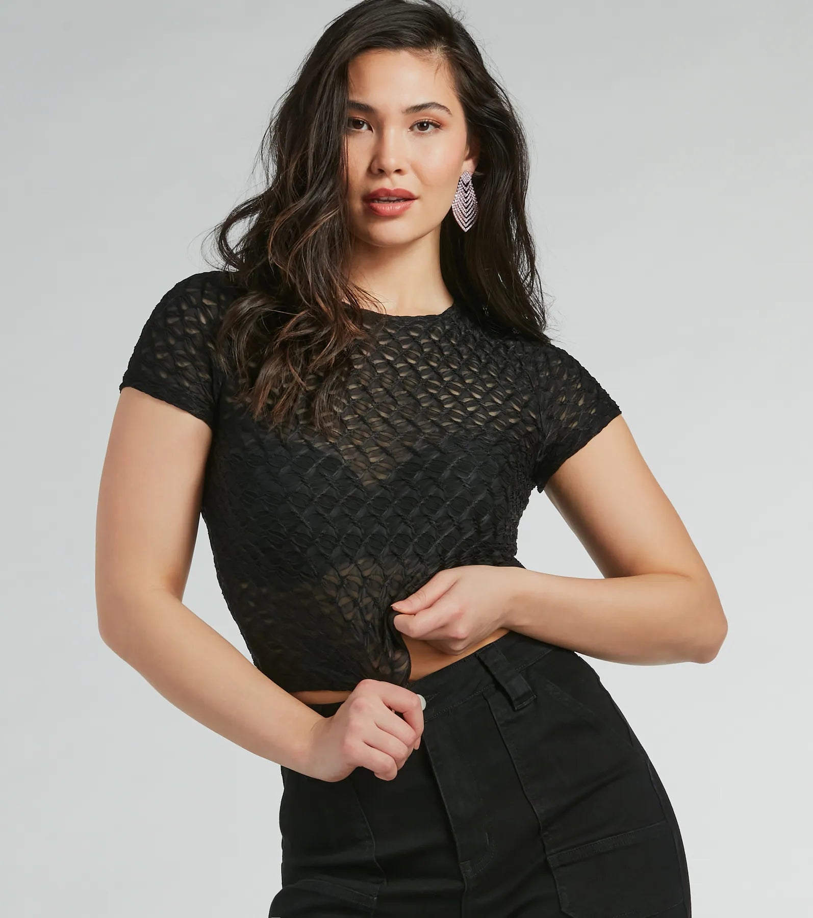 women's tops with geometric patternsSultry Sheer Textured Knit Top