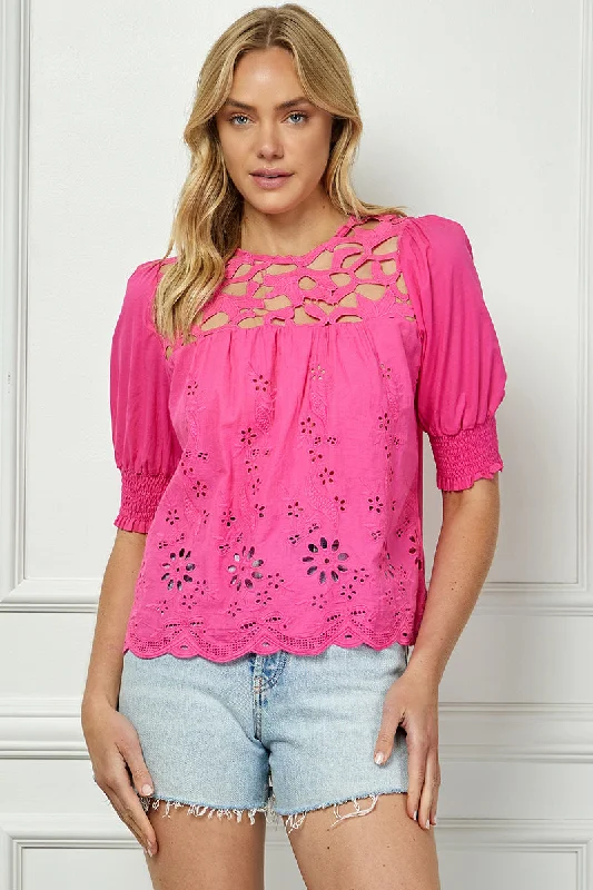 silk women's topsMAGENTA SHORT SLEEVES LACE EMBROIDERED DETAILED TOP AVT10534