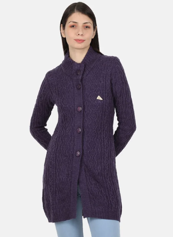 Chunky SweatersWomen Purple Self Design Cardigan