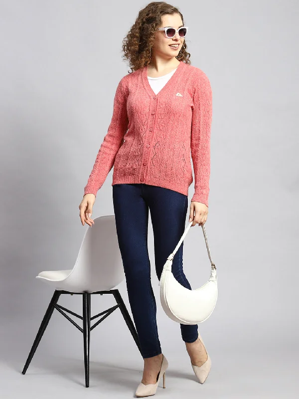 Colorful Comfortable Casual SweatersWomen Peach Self Cardigan