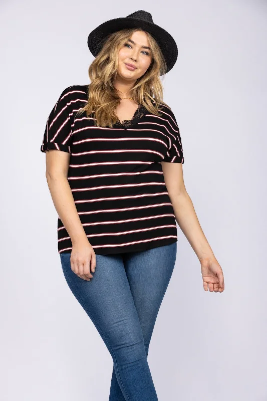 women's tops for those who want to add a touch of sophistication to their casual attireBLACK AND WHITE WITH RED STRIPES PLUS SIZE TOP T6620P