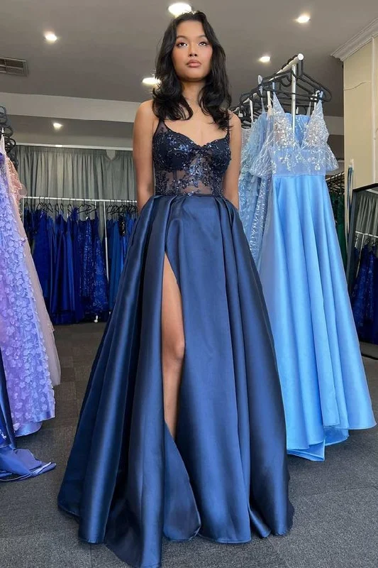 prom dresses for plus-size figuresNavy Satin Lace V-Neck A-Line Long Prom Dress with Slit Y6220