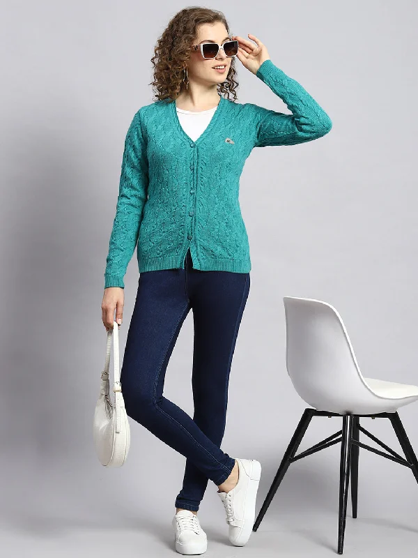 Designer Funky Hooded SweatersWomen Green Self Cardigan