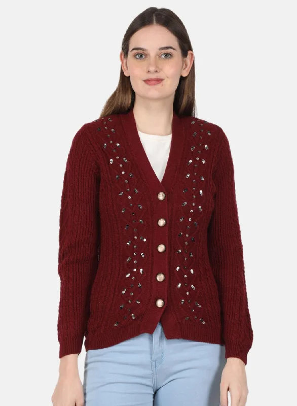 Wholesale SweatersWomen Maroon Self Design Cardigan