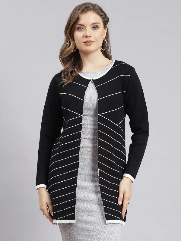 Retro Stylish Flannel SweatersWomen Black Stripe Wool blend Cardigan