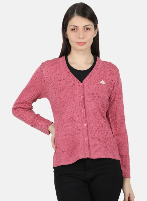 Thick Turtle-Neck Wool SweatersWomen Pink Self Design Cardigan