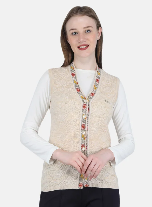 Quick-Dry SweatersWomen Beige Self Design Cardigan