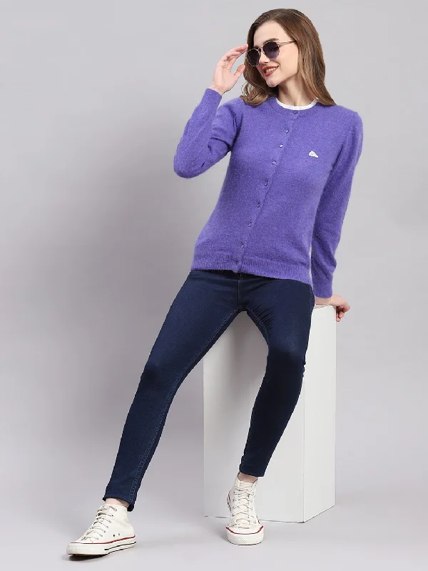 Turtle-Neck Wool SweatersWomen Purple Solid Round Neck Full Sleeve Cardigans