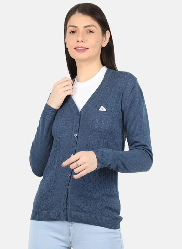 Chunky SweatersWomen Blue Self Design Cardigan