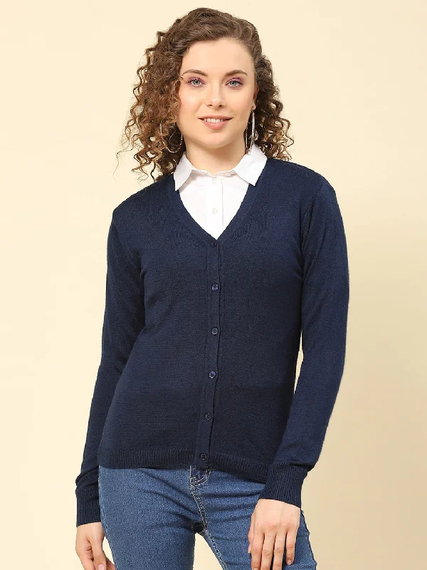 Retro Crewneck SweatersWomen Navy Blue Solid V Neck Full Sleeve Cardigans