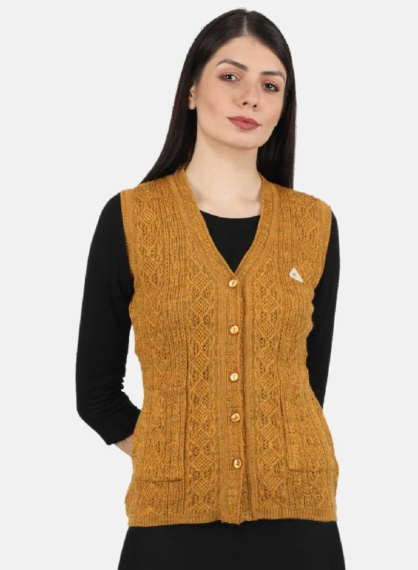 Knitted Crewneck SweatersWomen Yellow Self Design Cardigan