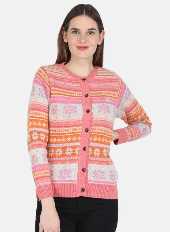 Cozy Custom Embellished SweatersWomen Pink Self design Cardigan