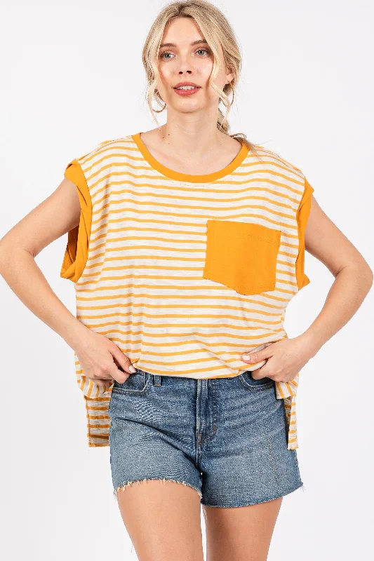 cropped women's topsMUSTARD STRIPED TWISTED SLEEVES KNIT TOP CFTLU13433STA