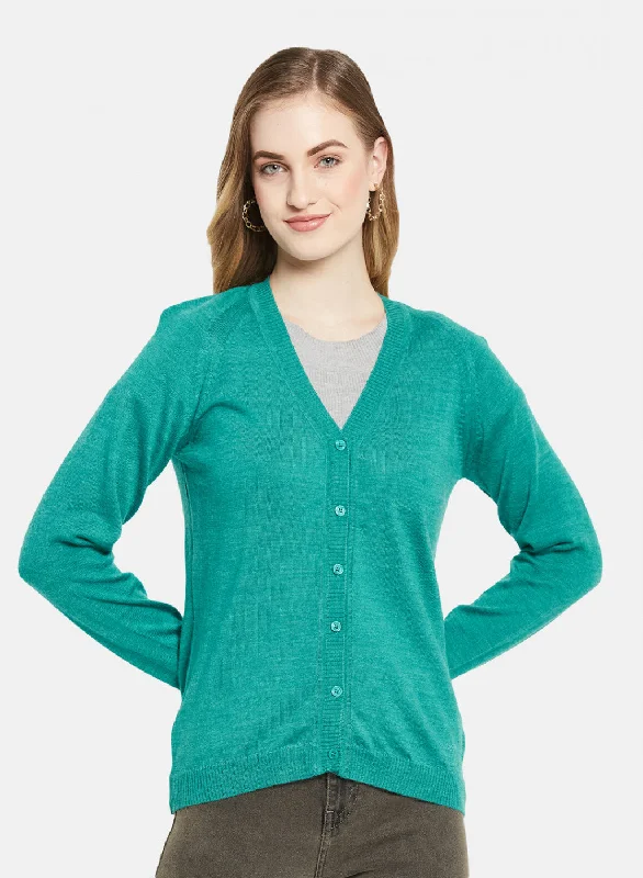 High-Neck SweatersWomen Aqua Green Solid Cardigan