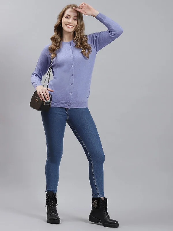 Plus-Size Quick-Dry Soft Knitted SweatersWomen Purple Solid Cardigan