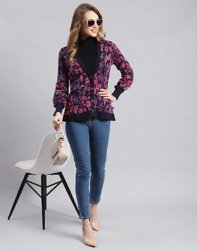 Dressy SweatersWomen Purple Self Design V Neck Full Sleeve Cardigans