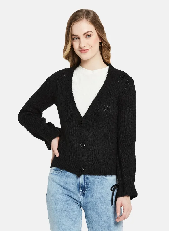 Chunky SweatersWomen Black Self Design Cardigan