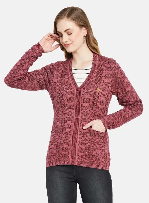 Retro Crewneck SweatersWomen Maroon Self Design Cardigan