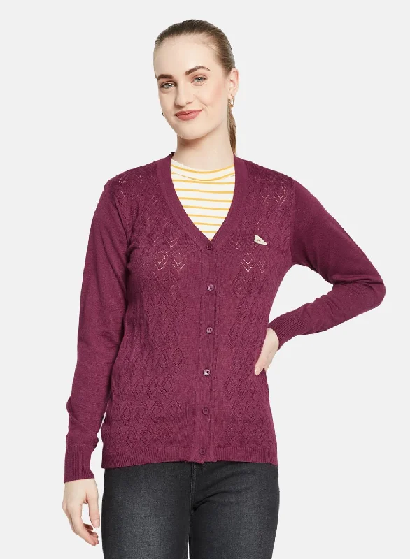 Fitted High-Quality Wool SweatersWomen Maroon Self Design Cardigan