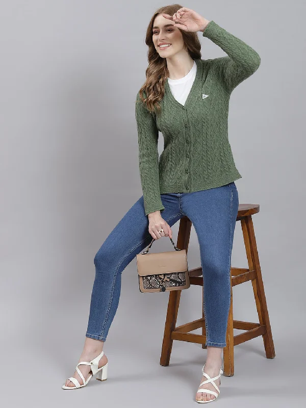 Crewneck Designer Fair Isle SweatersWomen Green Self Cardigan