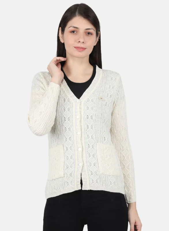 Elegant Hooded Cashmere SweatersWomen Off White Self Design Cardigan