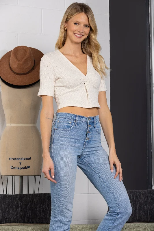 women's tops that offer a perfect blend of style, comfort, and affordabilityOATMEAL SURPLICE KNIT CROP TOP L4305