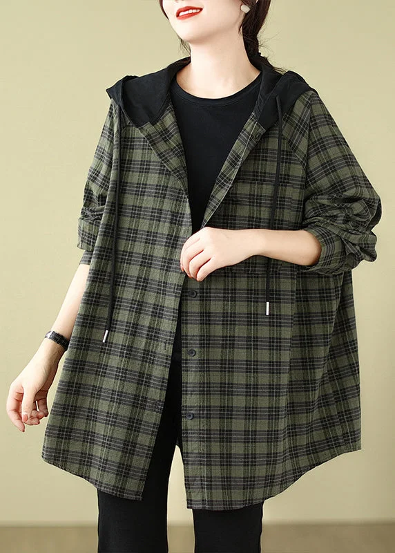 women's tops for those who want to create outfits that are both trendy and timelessPlus Size Green Plaid Cotton Hooded Shirts Coat Spring