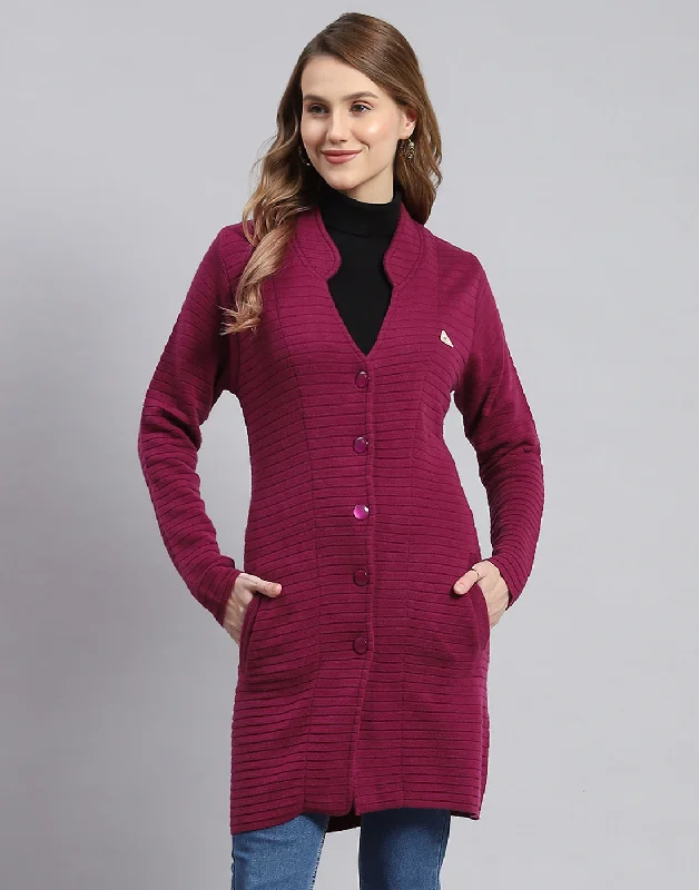 Fitted Cashmere SweatersWomen Purple Self Design Round Neck Full Sleeve Cardigans