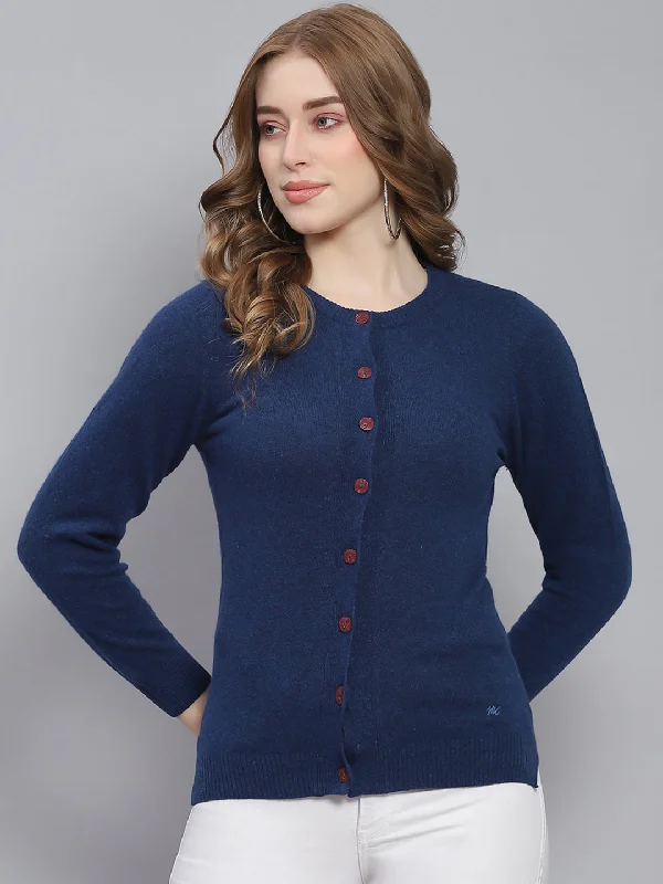 Comfortable Dressy SweatersWomen Blue Solid Round Neck Full Sleeve Cardigans