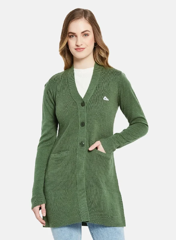 Elegant SweatersWomen Green Self Design Cardigan