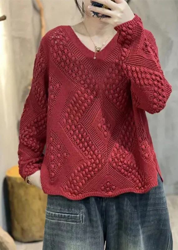 women's tops for those who want to stay updated with the latest fashion trendsSimple Red Oversized Hollow Out Knit Pullover Spring