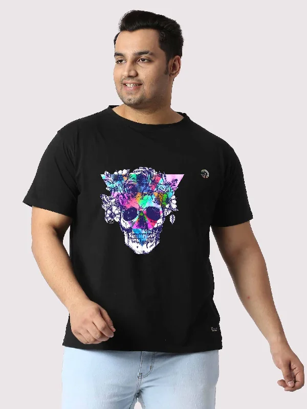 off-the-shoulder women's topsMen Plus Size Black Colour Splash Skull Printed Round Neck T-Shirt