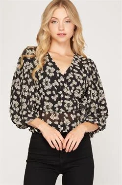 women's tops with beading accentsBLACK FLORAL PRINT 3/4 BUBBLE SLEEVES SURPLICE WOVEN TOP S8SS8171