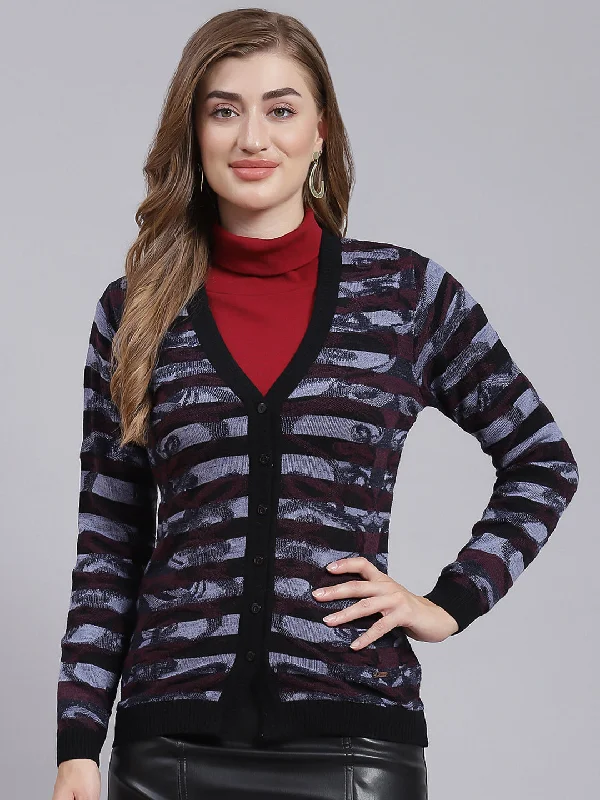 Colorful Casual SweatersWomen Black Jaquard Wool blend Cardigan